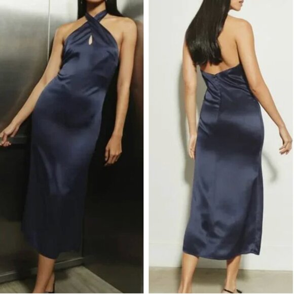NWT Reformation Lille Silk Midi Halter Dress Sz4 Navy Blue Cocktail